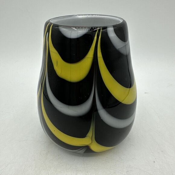 Vase Glass Hand Blown Black White Yellow Small 4.5” Candle Holder - Picture 2 of 15